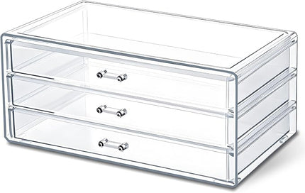 Acrylic Drawers Stackable Clear, 9.3 X 5.3 X 4 Inch Stackable Makeup Organizer Acrylic 3 Drawer Storage Organizers Clear Stationery Organizer for Dresser, Bathroom, Vanity, Countertop