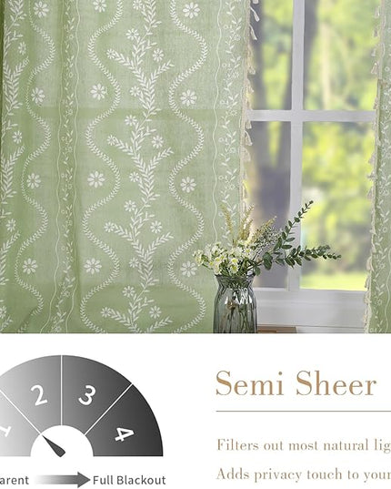 Schweek Sage Green Curtains for Living Room, Boho Semi Sheer Floral Curtains 84 Inches Length 2 Panels, Vintage Farmhouse Printed Patterned Tassels Country Curtain Drapes