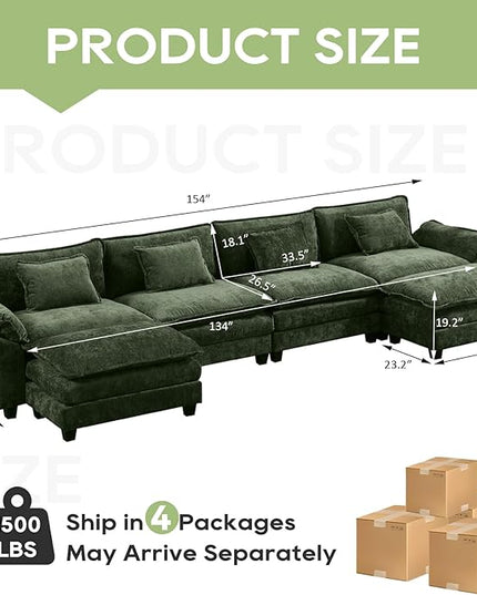 154" Modular Sectional Sofa, Comfy Cloud Couch Sectional Sofa with Ottoman, Chenille Sofa Sleeper Deep Seat Sofa with Throw Pillows for Living Room (Green, 154"- U Shape)