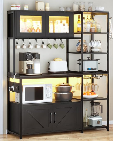 Itaar Bakers Rack with Power Outlet and LED Light, 45.3 Inch Farmhouse Coffee Bar Cabinet, Kitchen Microwave Stand with Storage, Glass Cabinet, Goblet Holder and 8 Hooks, Black