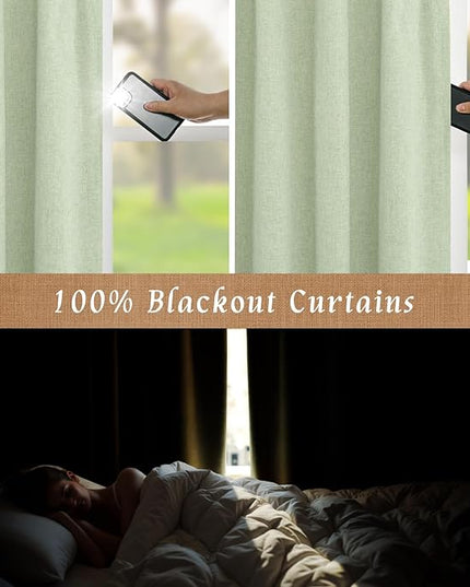LAMIT 100% Blackout Linen Curtains 84 Inches Long, Living Room Farmhouse Drapes Full Room Darkening Back Tab and Rod Pocket Panels with White Liner, 2 Panels, Light Green, 60 x 84 Inch