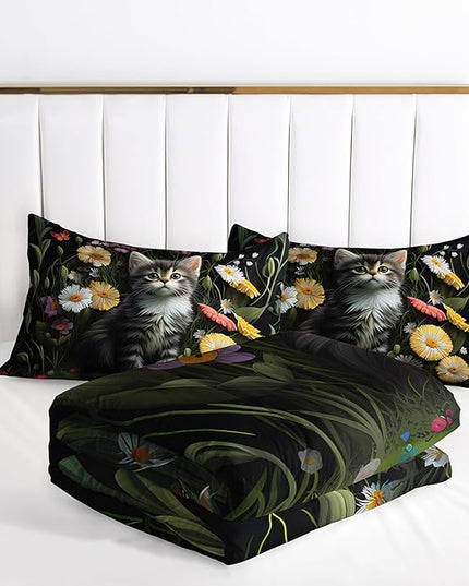 AILONEN Cute Cat Comforter Set Full Size,Beautiful Flower Printed Bedding Set for Boys Girls,Cartoon Pet Cat Animal Themed Quilt with 2 Pillowcases,3Pcs