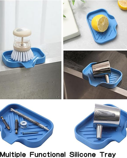 Silicone Bathroom Soap Dishes with Drain Spout-Bathroom and Kitchen Sink Organizer,Sponge Holder,Dish Soap Tray,Perfect for Dispenser,Scrubber,Bottle,Cup on Counter Lichen Blue 4.9"×3.2"