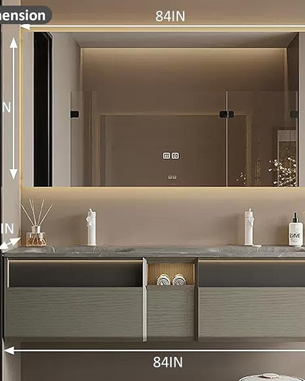 84IN Wood Bathroom Vanity - Double Sink Bathroom Vanity with Sink | Includes LED Intelligent Defogging Mirror Cabinet, 3 Drawers | Intelligent Induction Light & Integrated Double Sinks, Grey
