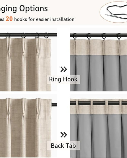 100% Blackout Shield Linen Look Textured Pinch Pleated Curtains Blackout Drapes 120 Inch Long 2 Panels Set, Faux Linen Blackout Curtains for Bedroom & Living Room, 40" W x 120" L, Oatmeal