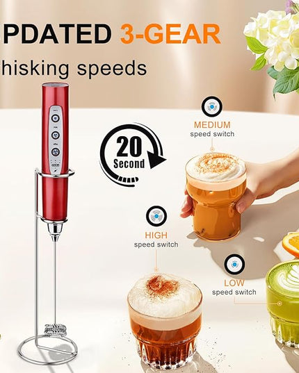 YUSWKO Red Rechargeable Milk Frother for Coffee with Stand, Handheld Drink Mixer with 3 Heads 3 Speeds Electric Stirrers for Latte, Cappuccino, Hot Chocolate, Egg