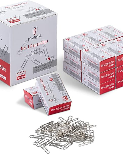 PAPERPAL Paperclips for Office School & Personal Use, #1 Nonskid Paper Clip (1-2/7"), 2000 Medium Paper Clips (20 Boxes of 100 Each), Silver