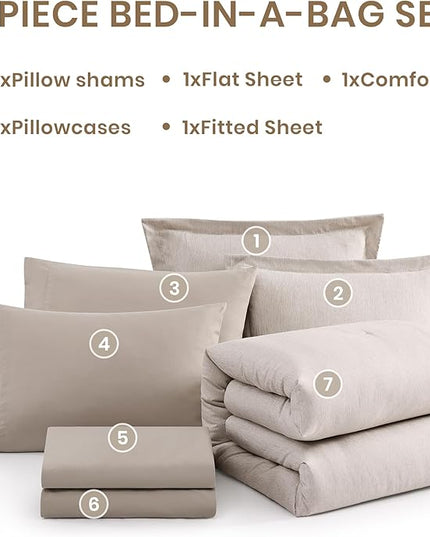 Monbix King Size Comforter Set, Oatmeal Cationic Dyeing Bed Set Reversible, King Size Comforter Set 7 Pieces Bed in a Bag with Comforter, Sheets, Pillowcases & Shams