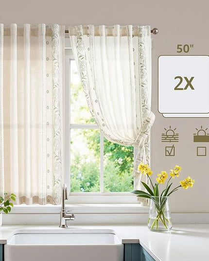 jinchan Winslow Linen Curtains 45 Inch Length Christmas Decorations Farmhouse Small Window Curtains Embroidered Bordered Floral Drapes Light Filtering for Bathroom Kitchen Sage on Beige 2 Panels