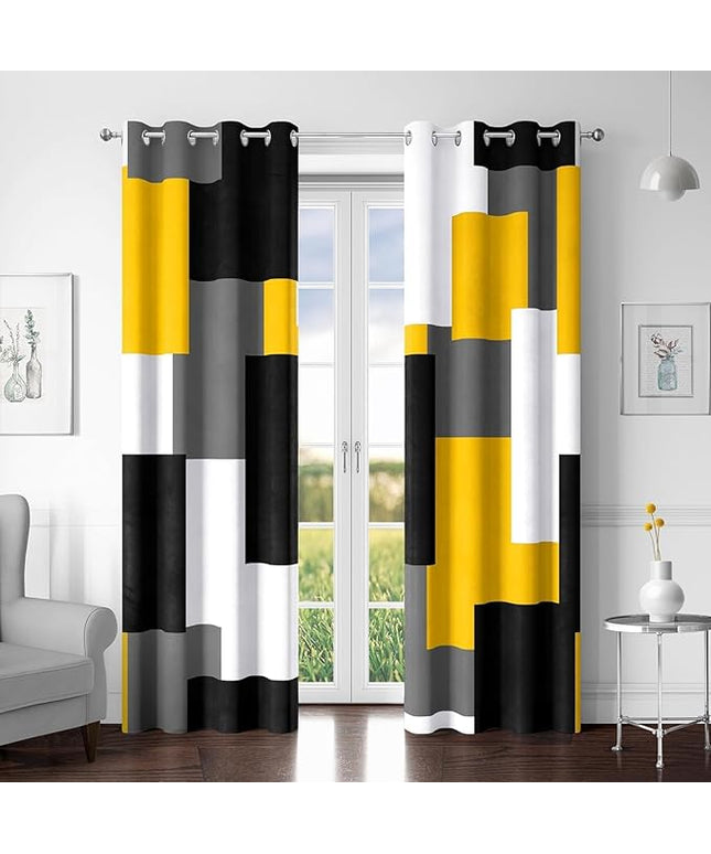 Yellow 100% Blackout Curtains for Bedroom 96 inch Long 2 Panels Set Mustard Yellow Grey Modern Abstract Geometric Black Out Curtains Room Darkening Window Drapes for Living Room, 52Wx96L