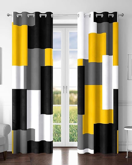 Yellow 100% Blackout Curtains for Bedroom 63 inch Length 2 Panels Set Mustard Yellow Grey Modern Abstract Geometric Black Out Curtains Room Darkening Window Drapes for Living Room, 52Wx63L