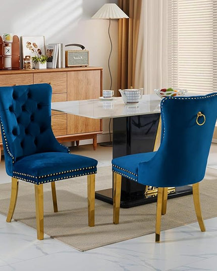 SoarFlash Velvet Dining Chairs Set of 2, Tall Back Side Chair, Modern Upholstered Side Chair with Button Back Ring, Gold Plated Stainless Steel Legs (Blue)