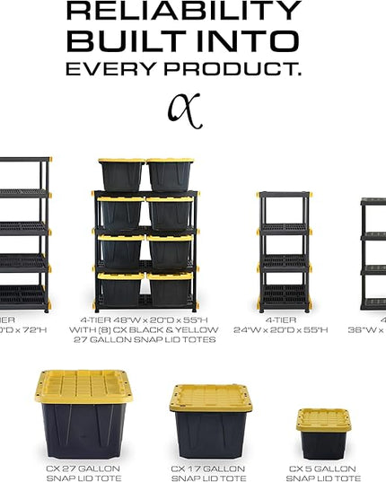 CX Black & Yellow, 4-Tier Heavy Duty Plastic Storage Shelving Unit, 200lbs/shelf (55"H x 48"W x 20"D), for Garage Tools, Basement & Outdoor Organization, Modular Rack