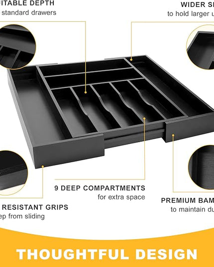 Large Premium Bamboo Silverware Organizer - Expandable Drawer Organizer & Utensil Organizer - 17"x19.7" Cutlery Tray with Dividers for Kitchen Utensils and Flatware (7-9 Slots) (Black)