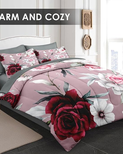 Comforter Set King Size, Rose Flower Leaves 7 Pcs Bedding for Kids and Adults, Painting Vintage Bed Sheet Sets with Fitted Sheet 2 Pillowcases & 2 Shams for Bedroom Bed Decor