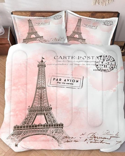 Twin Size Comforter Set with Pillowcase, Paris Eiffel Tower 2 Pcs Bedding for Kids and Adults, Beautiful Pink Place Soft Comforter Set for Bedroom Bed Decor