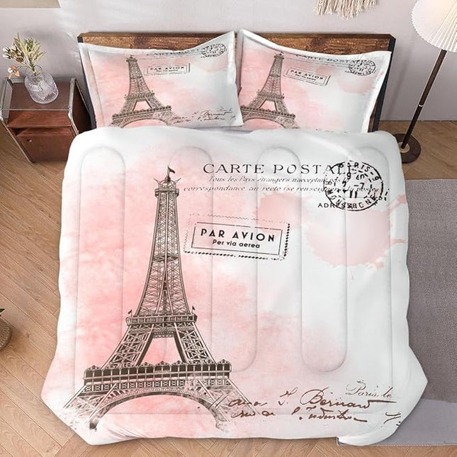 Twin Size Comforter Set with Pillowcase, Paris Eiffel Tower 2 Pcs Bedding for Kids and Adults, Beautiful Pink Place Soft Comforter Set for Bedroom Bed Decor