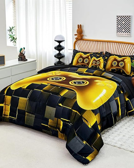 PERFEMET Kids Bedding Sets for Boys Full Size 6 Pcs Black Gold Game Console Comforter with Sheet Set Soft Fluffy Video Gamer Bed Set Lightweight Comfy Gaming Bed in A Bag for All Season(Gold, Full)
