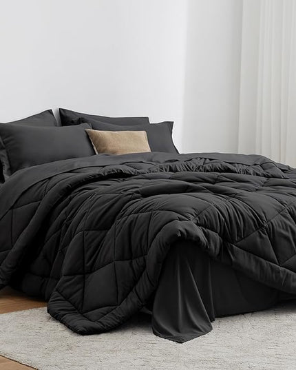 Love's cabin King Size Comforter Set Black, 7 Pieces King Bed in a Bag, All Season Bedding Sets with 1 Comforter, 1 Flat Sheet, 1 Fitted Sheet, 2 Pillowcase and 2 Pillow Sham