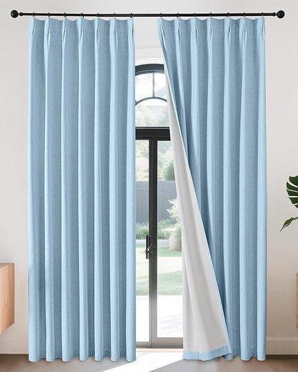 Joydeco Pinch Pleated Linen Curtains Darkening Drapes for Bedroom, 100% Blackout Drapes 96 inches Long 2 Panels Heat Blocking Curtains(Chambray Blue,40'' Wx96'' L)