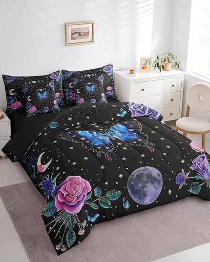 Feelyou Boys Girls Blue Moth 7 Pieces Bedding Sets Full Size, Boho Aesthetic Bed in A Bag Star Moon Comforter Set with Sheets Kids Flower Teens Bed Set Room Decor