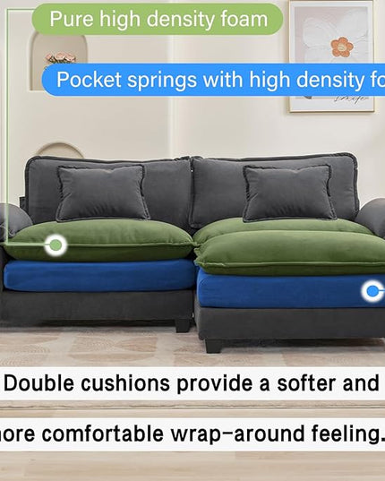86" Modular Sectional Sofa, Comfy Cloud Couch Sectional Sofa with Ottoman, Velvet Sofa Sleeper Deep Seat Sofa with Throw Pillows for Living Room (Blue Gray, 86"- L Shape)