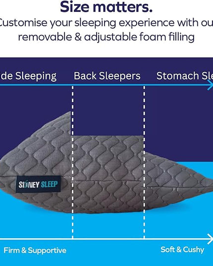 Sidney Sleep Bed Pillow for Side and Back Sleepers - Queen Size - Adjustable Filling - Memory Foam Pillow for Neck and Shoulder Support - Customizable Loft - Additional Foam Bag Included (Grey)
