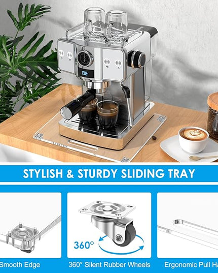 360° Rolling Sliding Tray for Coffee Maker & Kitchen Appliances, 14" x 13" Acrylic Appliance Sliders with Silent Rubber Wheels, Coffee Maker Slider Tray for Countertop Moving