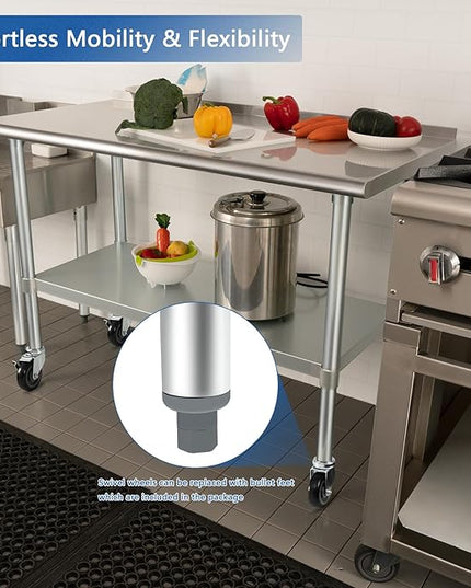 HARDURA Stainless Steel Table 24 x 72 Inches with Wheels Casters NSF Heavy Duty Commercial Prep Table with 2” Backsplash and Adjustable Undershelf for Restaurant Kitchen Home and Hotel