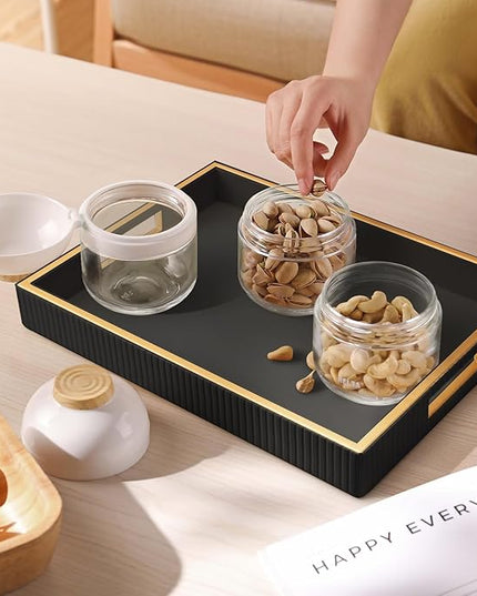 SANZIE Leather Tray Desktop Storage Organizer Premium Serving Tray Decorative Tray Valet Tray for Sundries Cosmetics Phone Wallet Cutlery (Black Holder)
