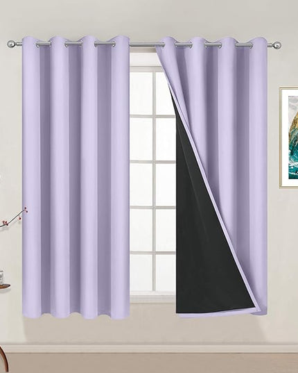 Yakamok 100% Blackout Curtains 54 Inches Long, 2 Thick Layers Thermal Insulated Window Treatment with Black Liner, Heat and Full Light Blocking Drapes for Bedroom(52Wx54L, Lilac, 2 Panels)