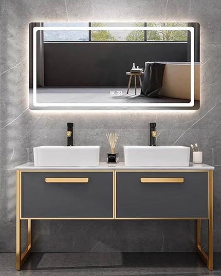 Double Floating Bathroom Vanity with Sink - Luxury Wall-Mounted Bathroom Vanity | High-Definition Smart Mirror Includ LED & Defog Mirror, Elegant Style (56IN)