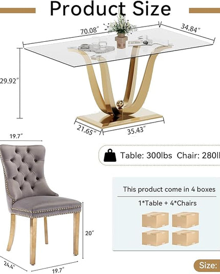HomVent 70'' Glass Dining Table Set for 4, Modern Rectangle Glass Kitchen Table Set for 4, Kitchen Table and Chairs Set for 4 for Living Room,Kitchen