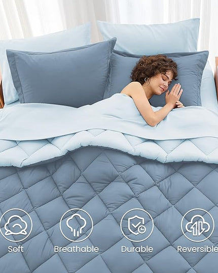 MUXHOMO 7 Pieces Queen Comforter Set, Reversible Bed in a Bag Queen Size, All Season Bedding Set with Comforter, Flat Sheet, Fitted Sheet, Pillowcases & Shams, Mineral Blue & Light Blue