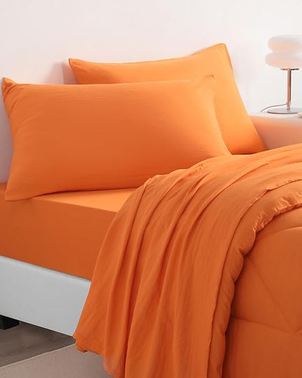 NTBAY Twin Comforter Set with Sheets, 5 Pieces Soft and Breathable Twin Bedding Set, Twin Bed in a Bag, Down Alternative Comforter Set Solid Color All Season, Kids Bedding Set, Orange
