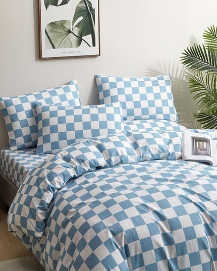 Houseri Plaid Blue and White Comforter Set - Queen Size Light Blue Checkerboard Bedding - Teen Boys Girls Baby Blue Grid Modern Buffalo Checkered Comforter