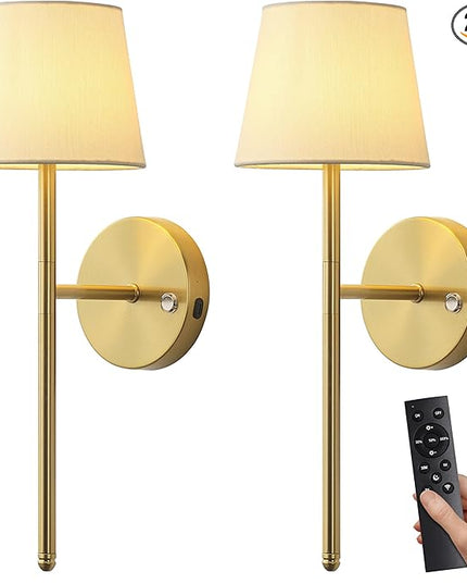 Gold Wall Sconces Set of Two, Small Rechargeable Battery Operated Wall Lamp with Remote, 5200mAh Cordless Wall Lights with Fabric Shade for Bedroom, Bedside, Nursery, Kitchen, Night Light