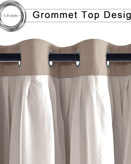 Hiasan Blackout Curtains with White Sheer Overlay, Mix & Match Double Layer Thermal Insulated Grommet Window Curtains for Bedroom, Living Room, Nursery, 2 Drape Panels with Tiebacks, Camel, 52W X 96L