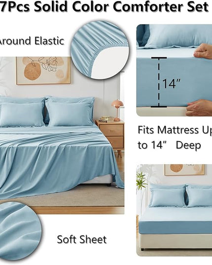 CozyLux King Size Comforter Set Light Blue, 7 Pieces Bed in a Bag King Comforter Set with Sheets, Bedding Set with Down Alternative Comforter, Fitted Sheet, Flat Sheet, Pillow Shams and Pillowcases