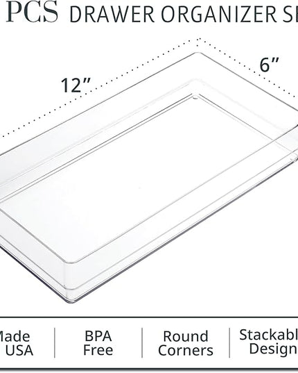 STORi SimpleSort 3-Piece Stackable Clear Drawer Organizer Set | 12" x 6" x 2" Rectangle Trays | Wide Makeup Vanity Storage Bins and Office Desk Drawer Dividers | Made in USA