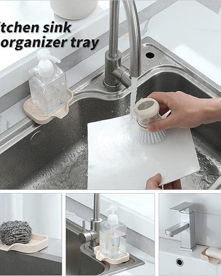 Silicone Bathroom Soap Dishes with Drain Spout-Bathroom and Kitchen Sink Organizer,Sponge Holder,Dish Soap Tray,Perfect for Dispenser,Scrubber,Bottle,Cup on Sink or Counter-Tapioca 4.9"×3.2"