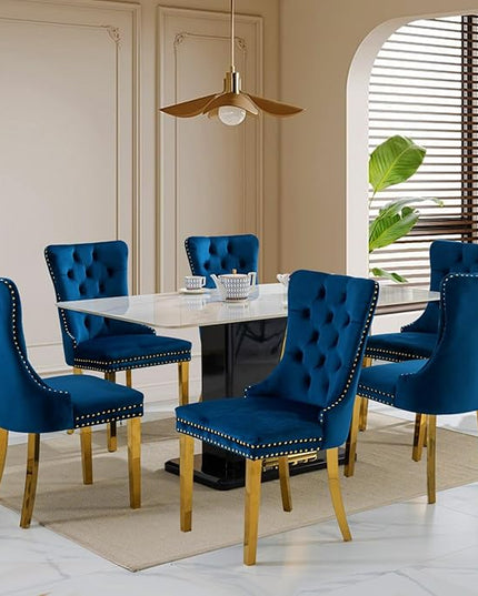 SoarFlash Velvet Dining Chairs Set of 6, Tall Back Side Chair, Modern Upholstered Side Chair with Button Back Ring, Gold Plated Stainless Steel Legs (Blue)