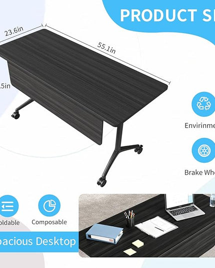 Conference Table, Folding Conference Room Tables on Wheels, Modern Meeting Seminar Table Computer Desk, Boardroom Desk for Office Meeting Conference Room,White (10, 1915D, 55.1)