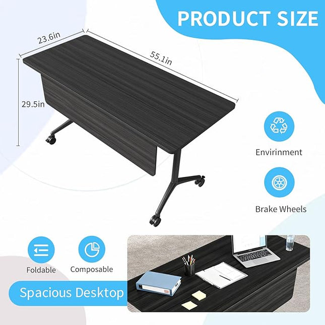 Conference Table, Folding Conference Room Tables on Wheels, Modern Meeting Seminar Table Computer Desk, Boardroom Desk for Office Meeting Conference Room,White (10, 1915D, 55.1)