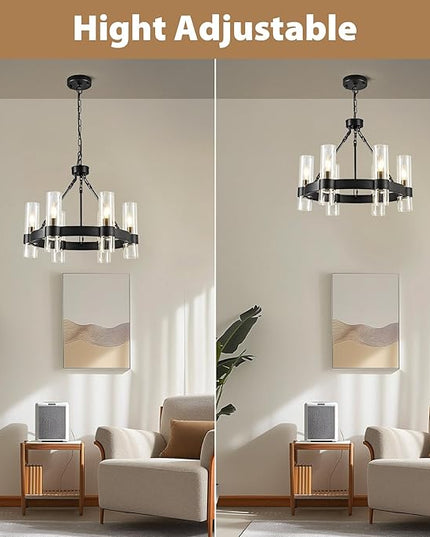 6-Light Large Black Wagon Wheel Chandelier with Glass Shades, 20 Inch Farmhouse Industrial Round Chandelier for High Ceilings, Pendant Lighting Fixture for Dining Living Room Kitchen Island Foyer