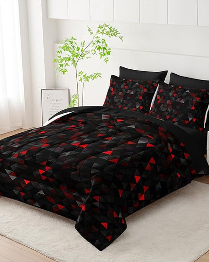 Geometric Red Black Triangle King Size Comforter Set,Light Honeycomb Bedding Set 7 Piece in A Bag,Bed Sheet Set Geometry Decor,Microfiber Lightweight All Season