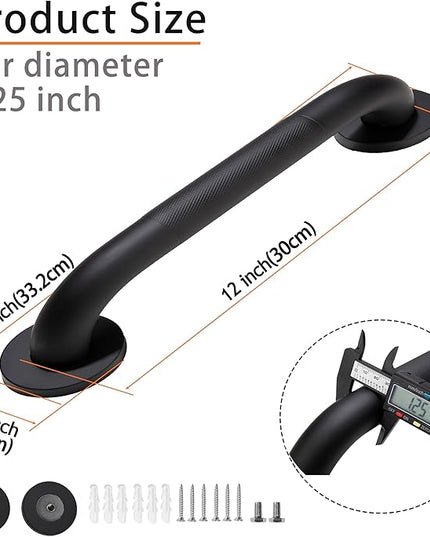 Shower Grab Bar, 2 Pack 12 Inch Black Bathroom Grab Bar, 1.25" Diameter 304 Stainless Steel Anti-Slip Grab Bars for Bathtubs and Showers, Handicap Shower Grab Bar for Seniors Elderly