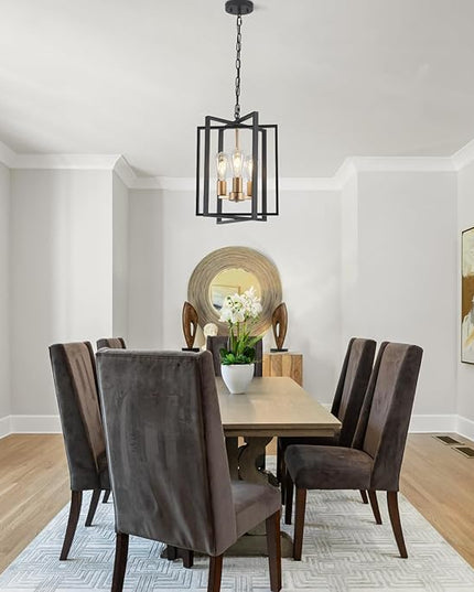 Black Gold Chandelier for Dining Room, Modern Farmhouse 3 Light Entryway Pendant Light Fixture Adjustable Geometric Industrial Rustic Foyer Light for Living Room Kitchen Island Hallway Bedroom