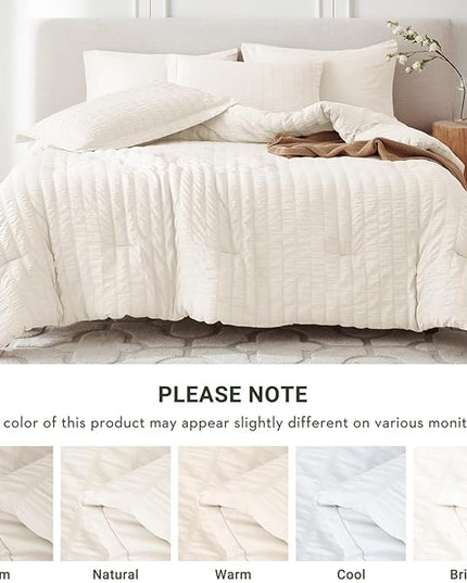 MUXHOMO 7 Pieces Queen Comforter Set, Seersucker Bed in a Bag Queen Size, All Season Luxury Bedding Set with Comforter, Flat Sheet, Fitted Sheet, Pillowcases & Shams, Ivory
