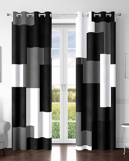 Black Grey 100% Blackout Curtains for Bedroom 63 inch Long 2 Panels Set White Gray Modern Abstract Geometric Black Out Curtains Insulated Room Darkening Window Drapes for Living Room, 52Wx63L